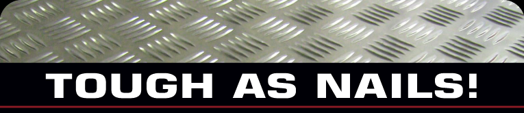 TOUGH AS NAILS logo with a diamond treadplate background